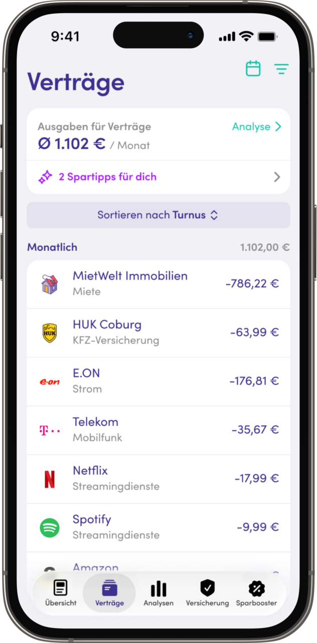 Finanzguru App: Verträge und Fixkosten