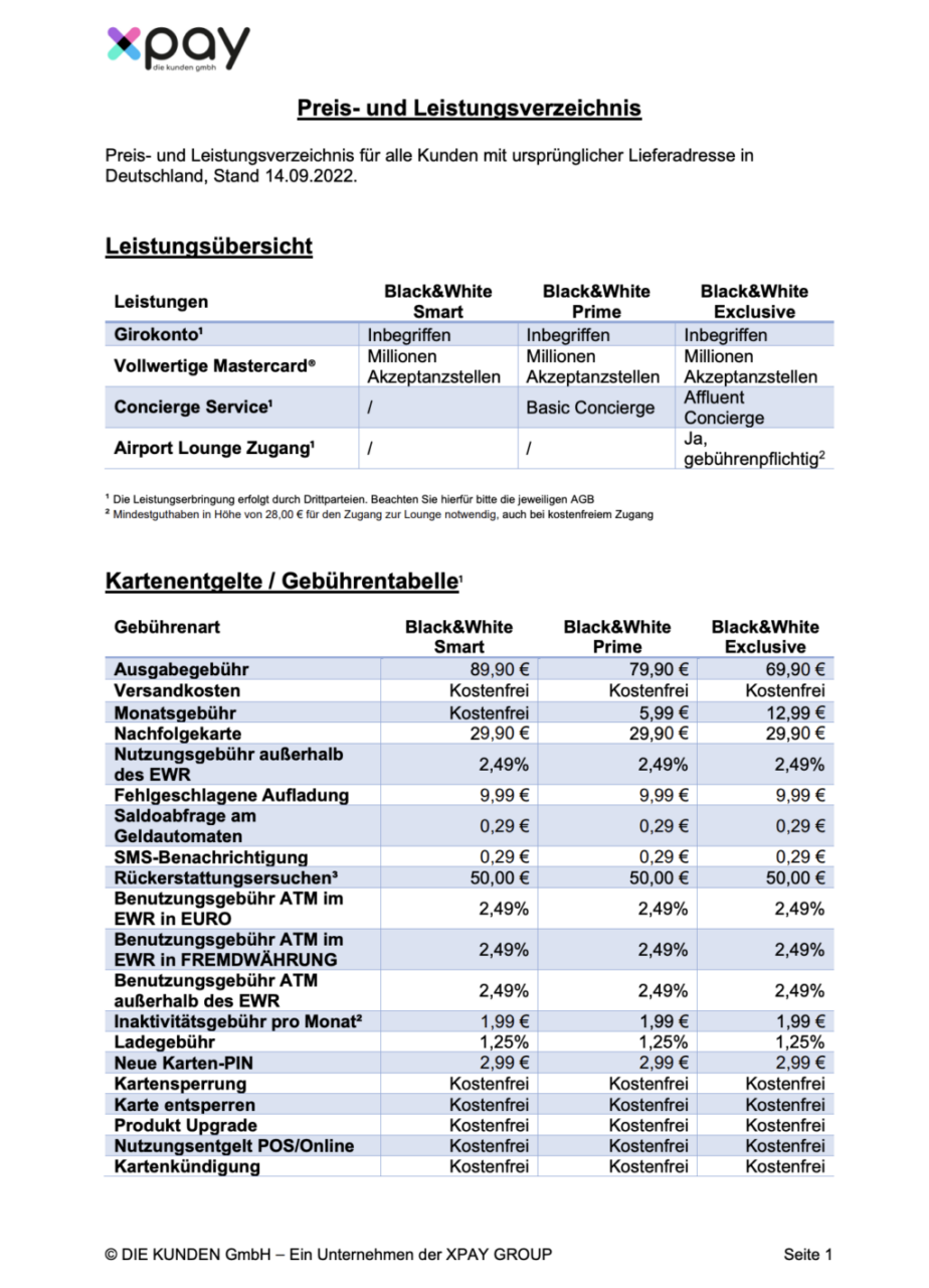 Kosten Gebühren XPAY Black White Mastercard Karten Duo