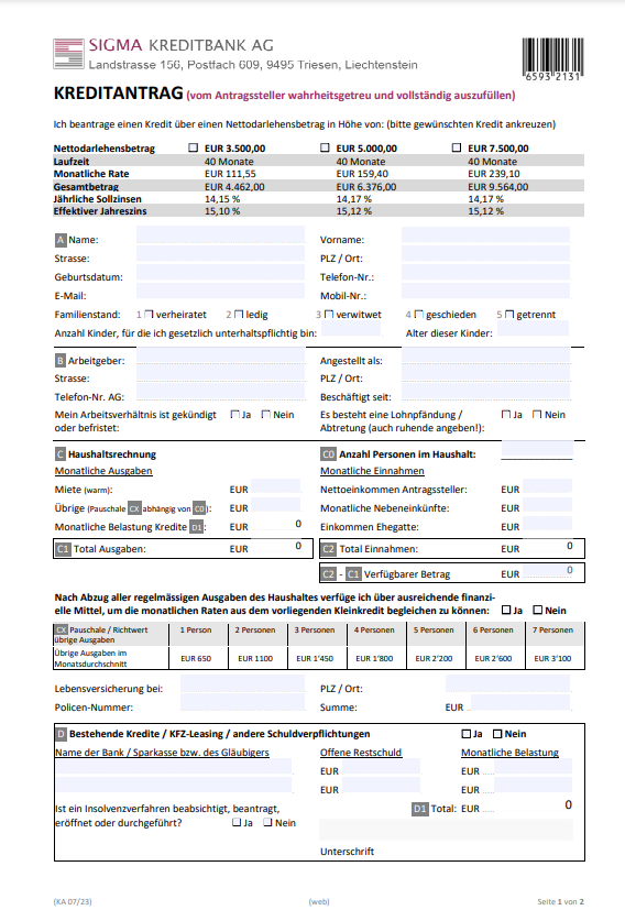 Sigma Kreditbank Kreditantrag erste Seite