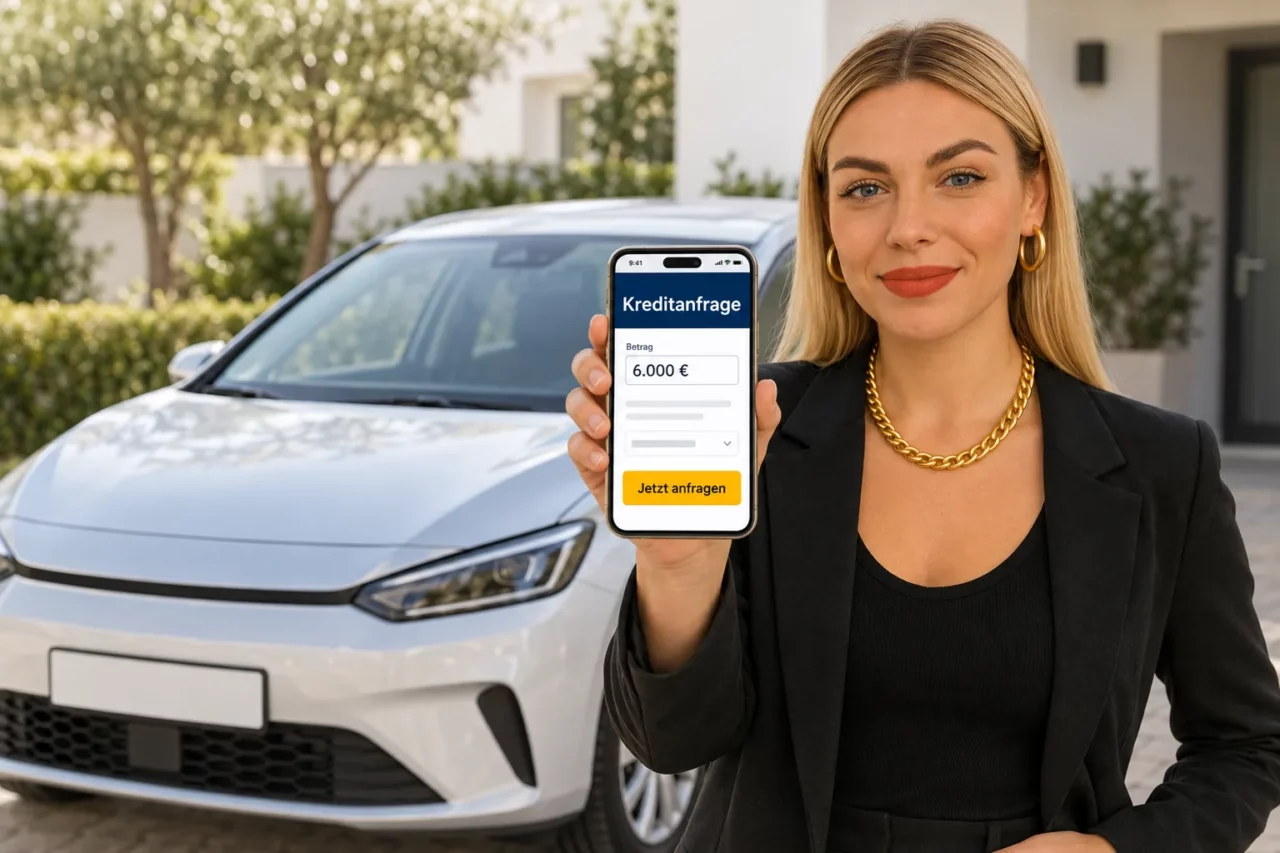 Gina zeigt vor einem Auto den Antrag über 6.000 Euro auf dem Handy