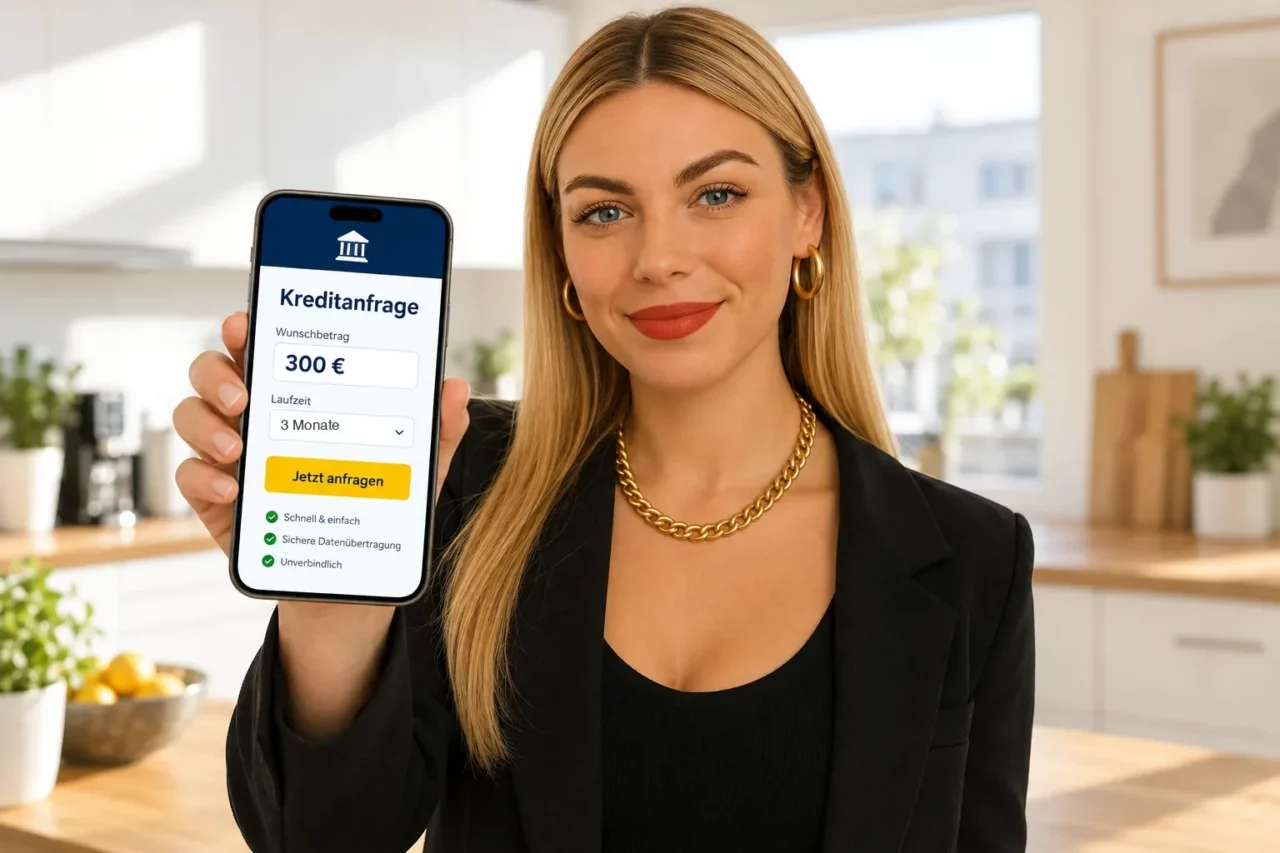 Gina zeigt den Antrag über 300 Euro auf dem Handy