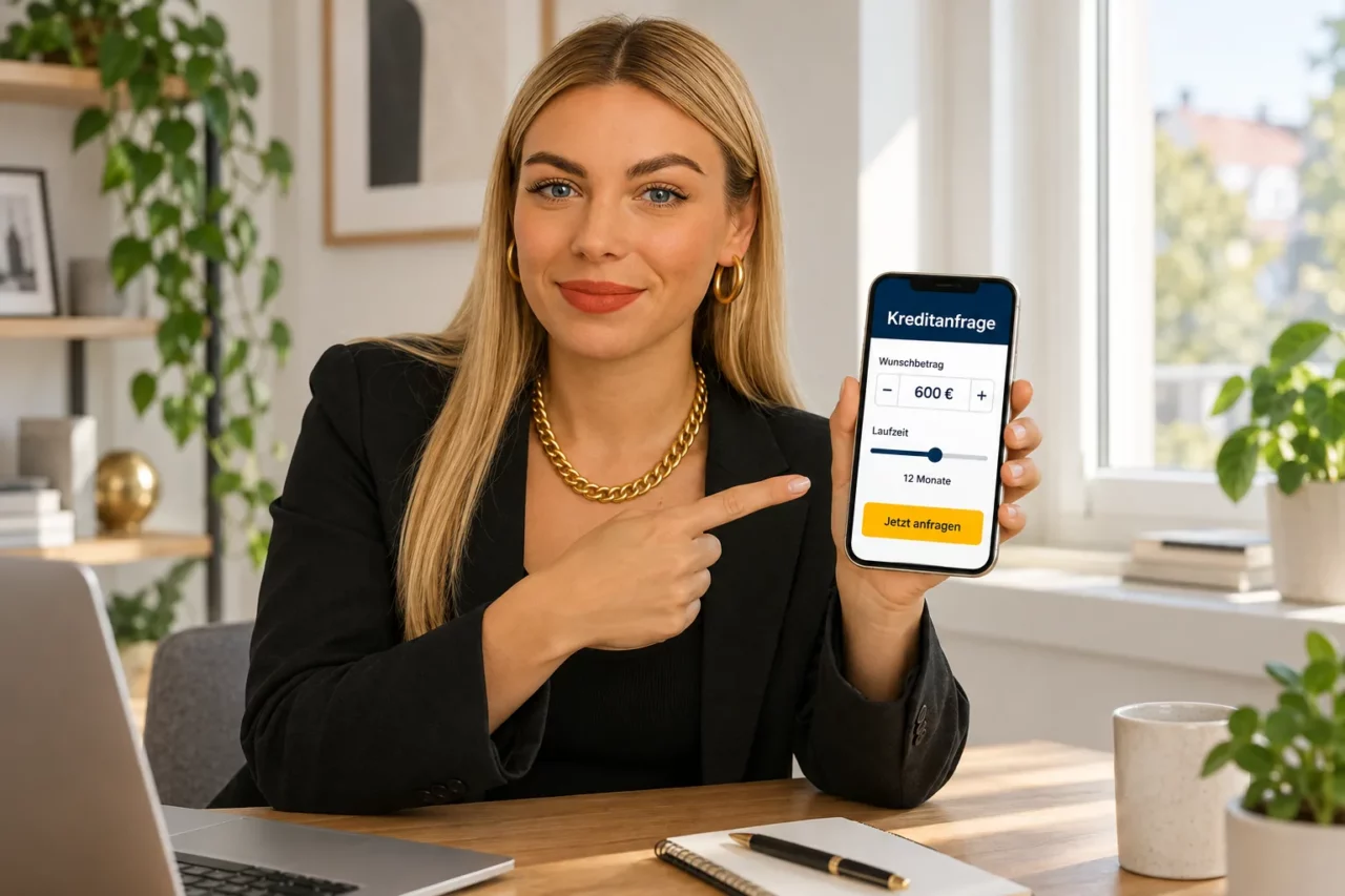 Gina zeigt den Kreditantrag über 600 Euro auf dem Handy