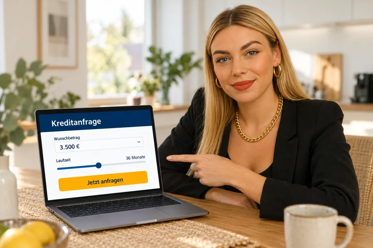 Gina zeigt den Kreditantrag über 3.500 Euro am Laptop