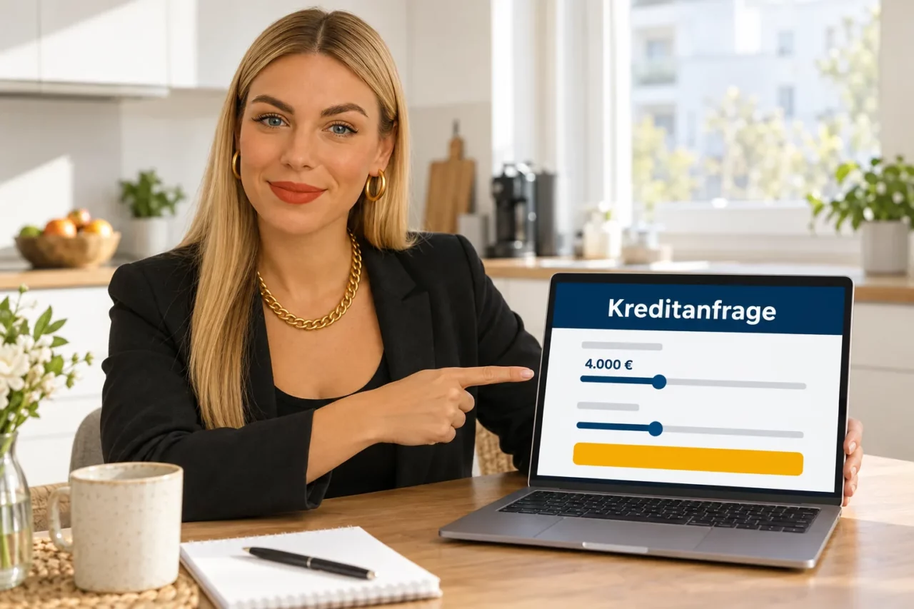 Gina zeigt den Kreditantrag über 4.000 Euro am Laptop