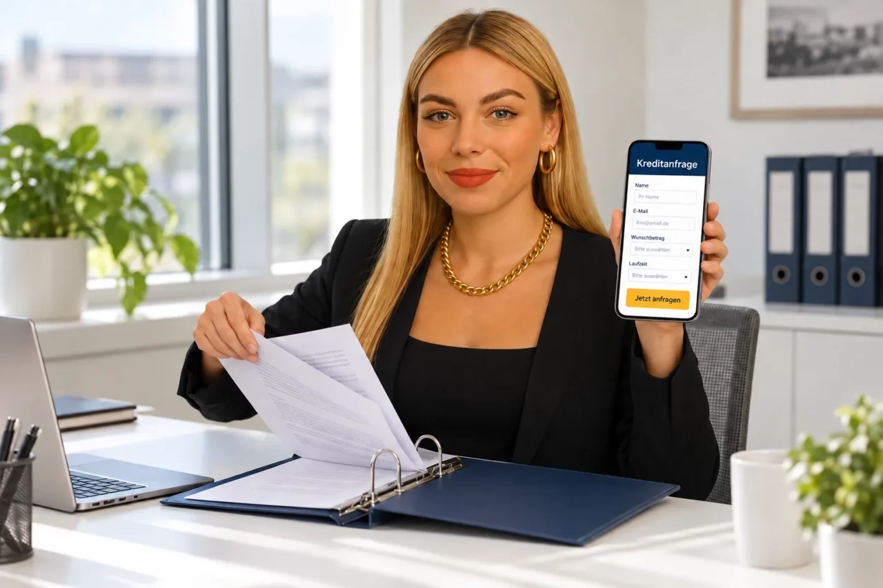 Gina ordnet am Schreibtisch zwei Kreditverträge in einen Ordner und zeigt auf dem Handy den Kreditantrag