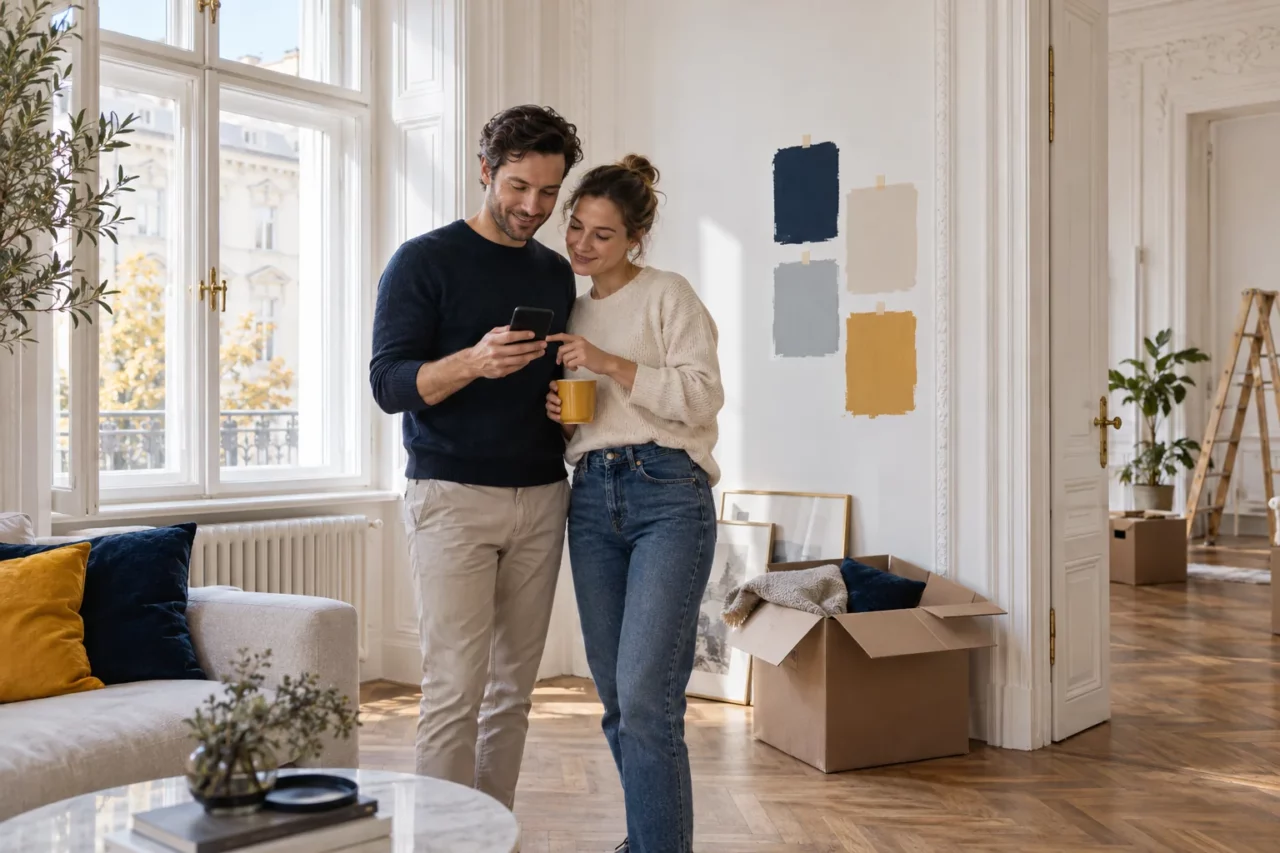 Paar plant die Renovierung seiner Wiener Altbauwohnung und schaut aufs Handy