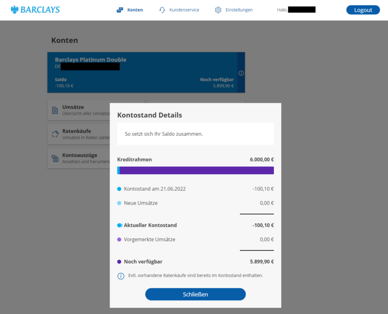 Barclaycard Kreditrahmen Online Banking 6000 Euro