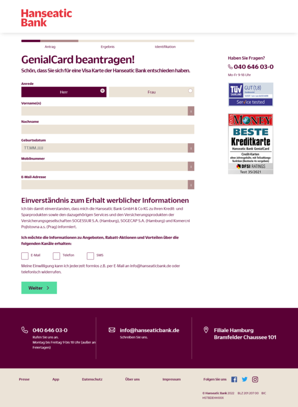 GenialCard Kreditkarten Antrag der Hanseatic Bank